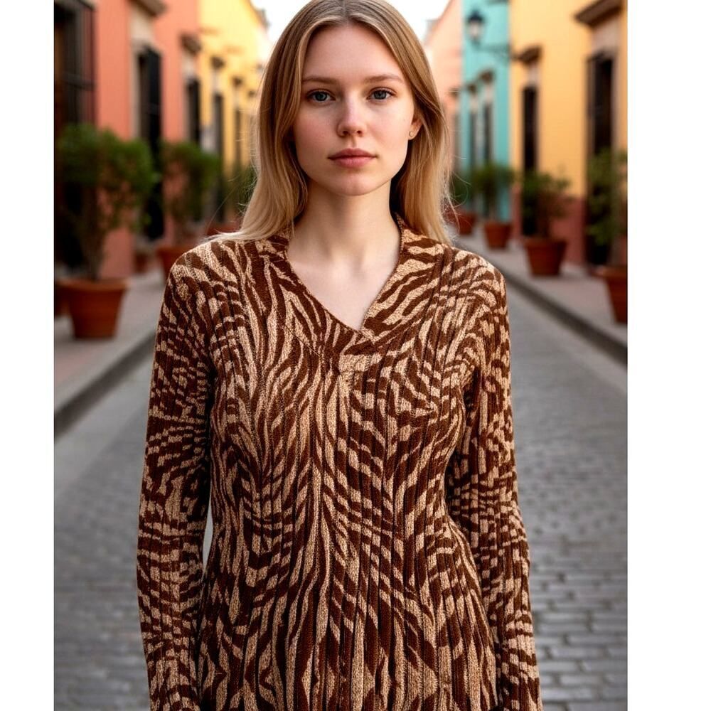 Designer Dana Buchman Womens 2 Tone Brown Zebra Pullover Sweater - Size Large